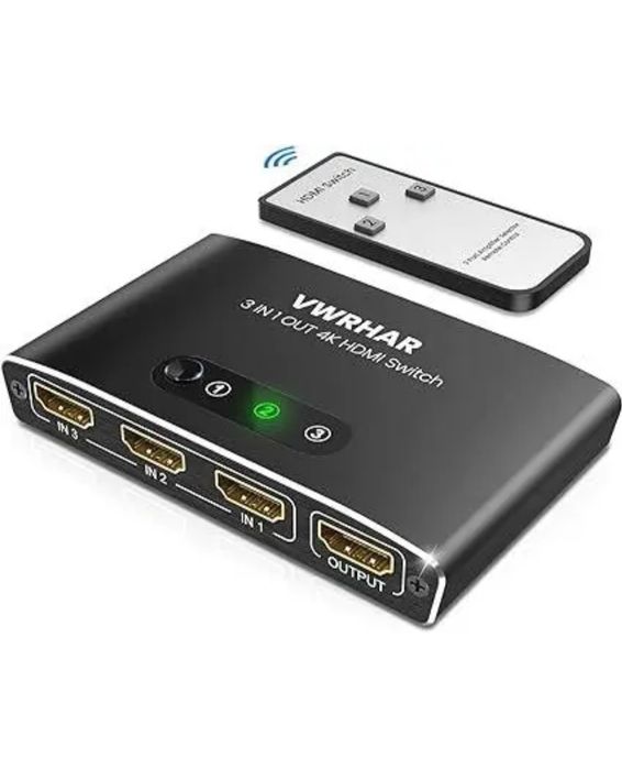 VWRHar HDMI Switch 3 IN 1 OUT Алюмінієвий розгалужувач HDMI з дистанці