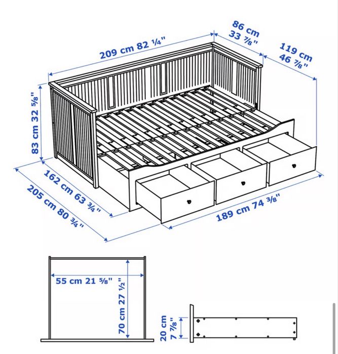 HEMNES Cama indiv/dupla c/3 gav, branco, 80x200 cm sem colchao