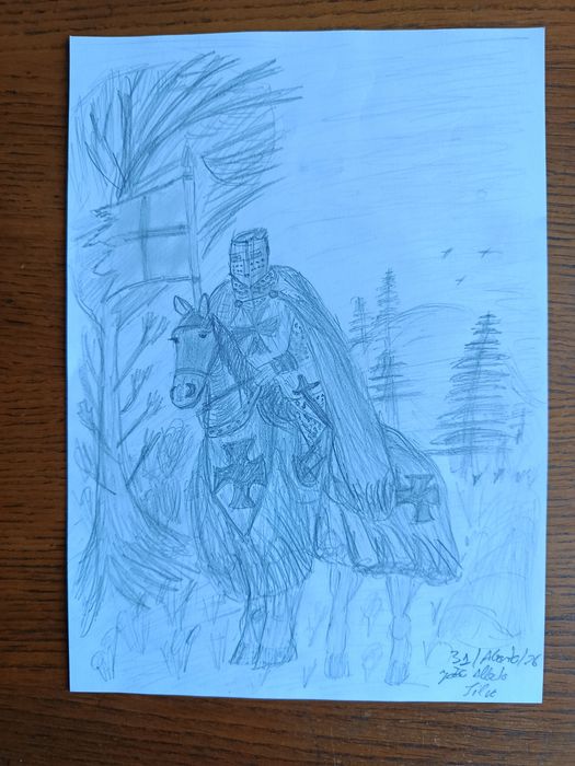 Desenho Original a Grafite – Cavaleiro Templário a Cavalo