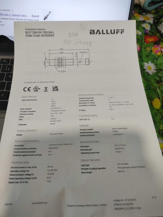 Sensor indutivo 12mm pnp 24vdc BALLUFF
