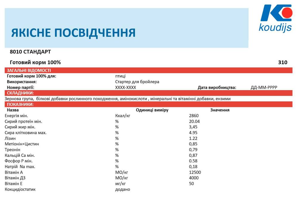8010 Готовий комбікорм для бройлера з 1-го дня 100% Кокдайс