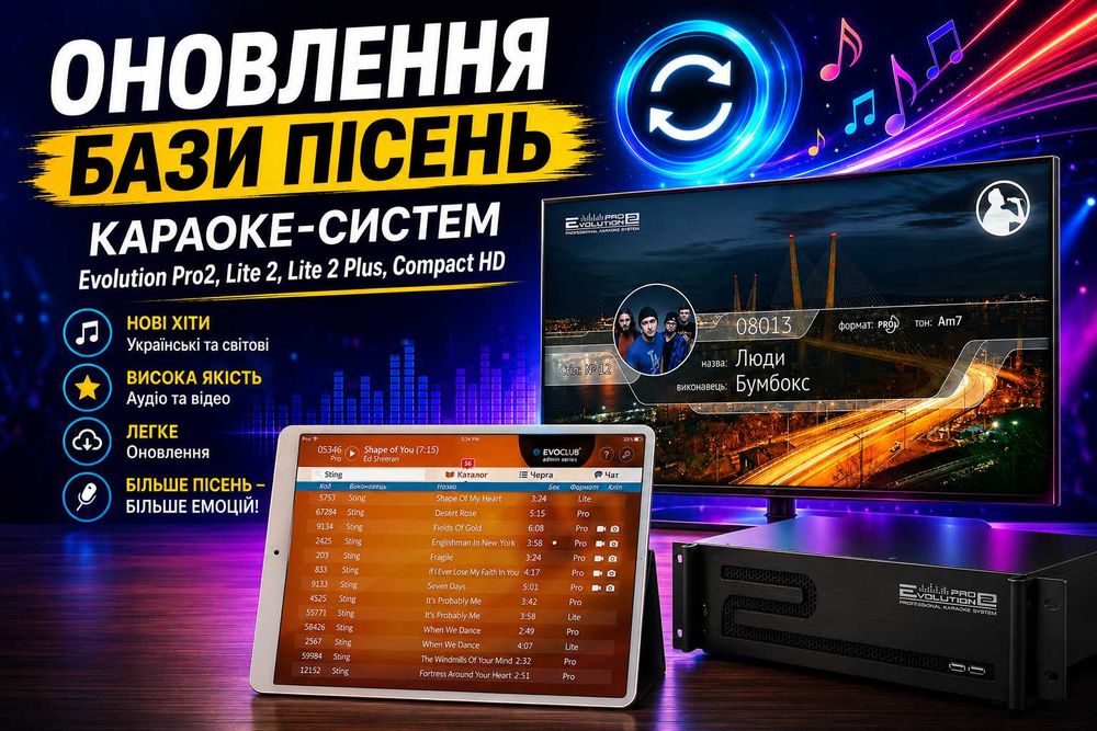 Оновлення бази пісень караоке-систем Evolution Pro2, Lite 2, Lite 2 Plus, Compact HD. Обновление базы песен караоке-систем Evolution
