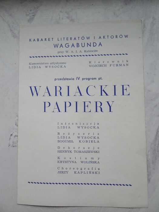 Unikatowy program spektaklu „Wariackie papiery” kabaretu literatów i aktorów WAGABUNDA