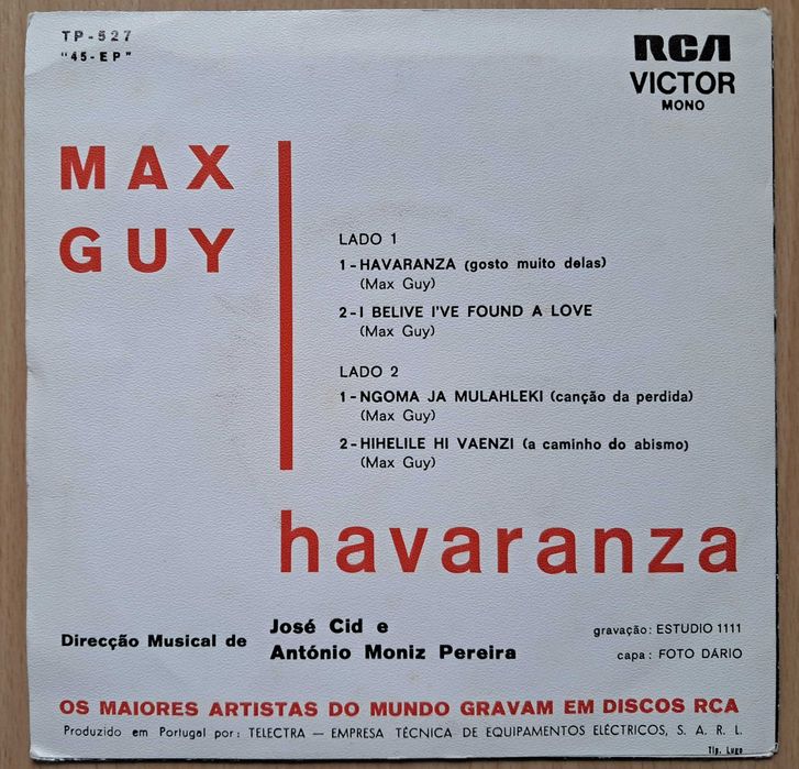MAX GUY Havaranza EP 1970 Quarteto 1111 Jose Cid Moçambique RARO NOVO