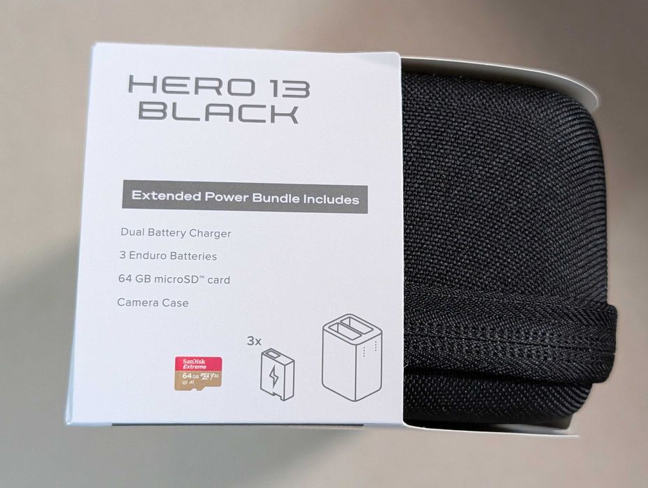 GoPro Hero13, carregador duplo, 3 baterias Enduro, microSD 64GB-SELADA
