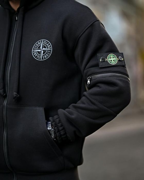 Чорний теплий на флісі зимовий спортивний костюм Stone island Tetra