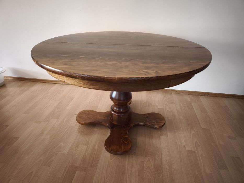 Drewniany stół okrągły dębowy rozkładany, średnica 120 cm, rozłożony 163 cm