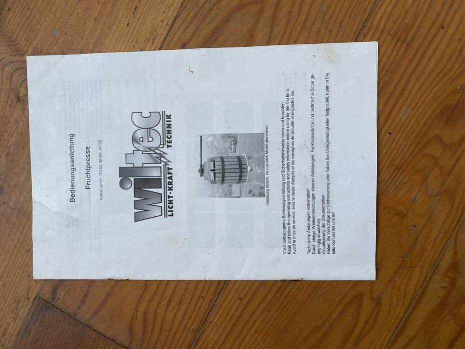 Prensa de Vinho / Frutas, 30L, Madeira e Aço, Excelente Estado
