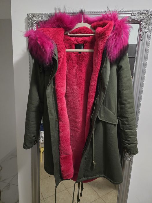 Parka khaki futro naturalne fuksja Jenot M