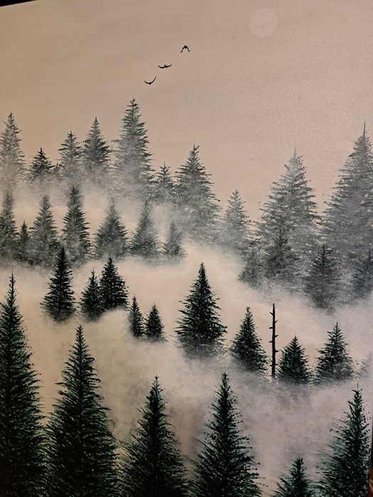 Obraz własnoręcznie malowany, las we mgle