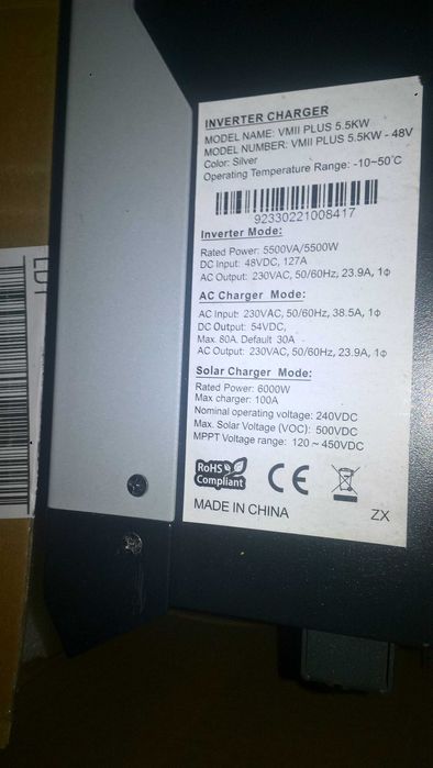 Inwerter VMII PLUS 5500W 230V MPPT hybrydowy falownik 48V 120A 6KW.
