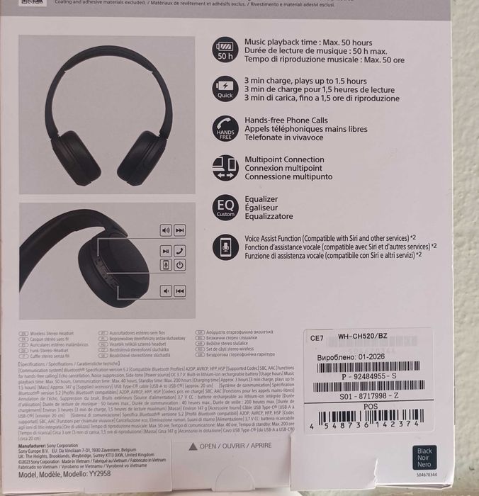 Auscultadores Sony WH-CH520 /BZ novo dentro da embalagem com garantia