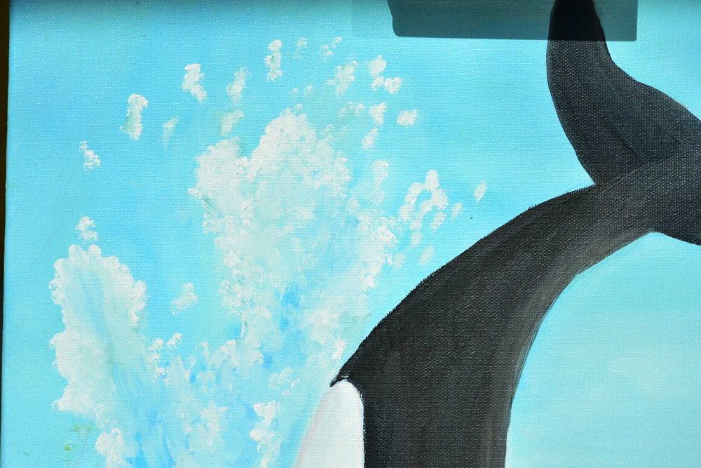 Quadro - Pintura a Óleo Original "Orca e a Família a Brincar na Ondas"