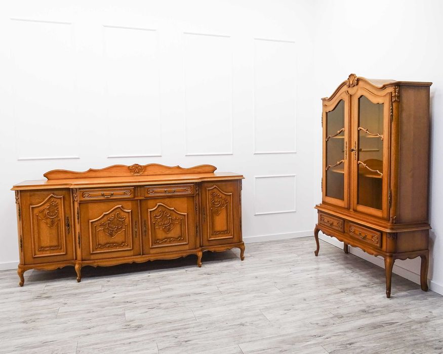 KOMPLET MEBLI do SALONU francuska WITRYNA + KOMODA dąb Francja lata 70