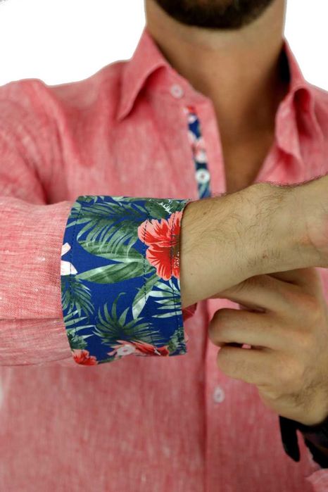 GIOVANNI PERA Koszula Męska GPL3 Czerwona LEN, Wykończenie Kolorowe