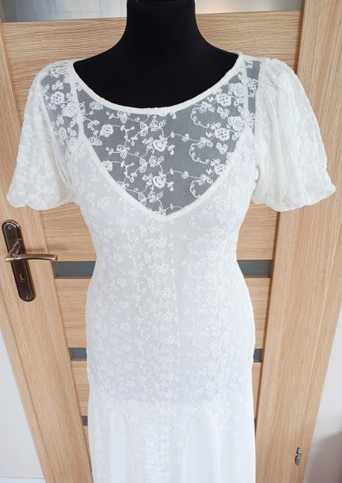 ASOS Koronkowa sukienka maxi 36 w kolorze kości słoniowej z bufkami