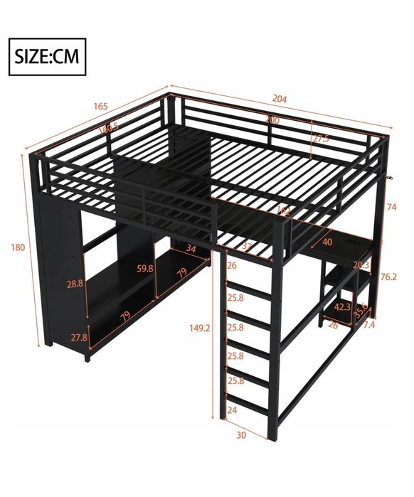 Łóżko gamingowe 160x200 z biurkiem, szafą, LED, czarne