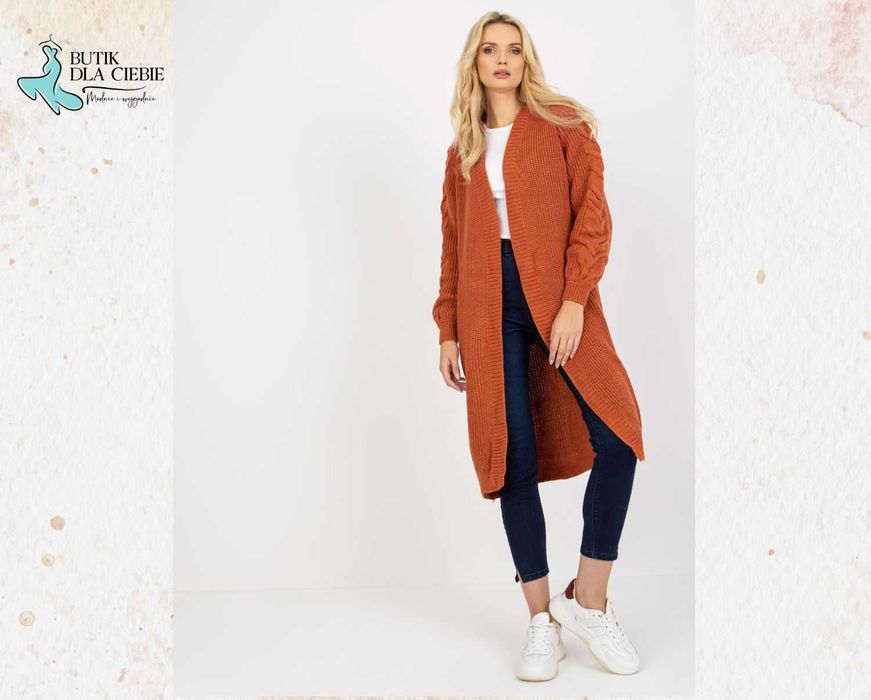 ->  Ciemnopomarańczowy Kardigan Damski - Długi – bez zapięcia, OVERSIZE – Rozmiar: Uniwersalny