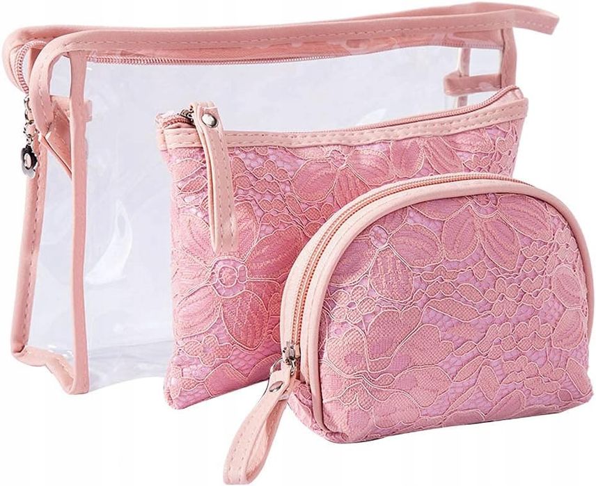 Różowa koronkowa kosmetyczka PVC, Zestaw 3 elementów