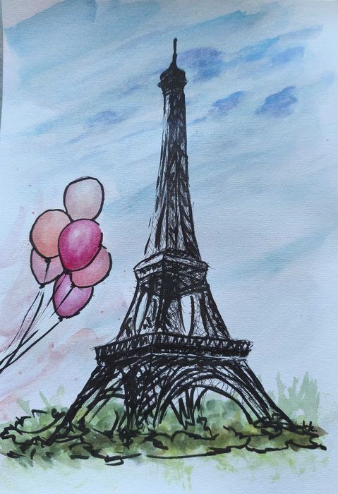 Paryż Francja wieża Eifela miasta akwarela obraz pejzaż miejski 21x30