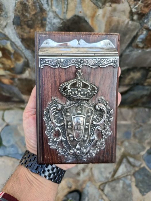 Grande Porta Notas Pau-santo Brazão Prata Portuguesa contrasta Javali