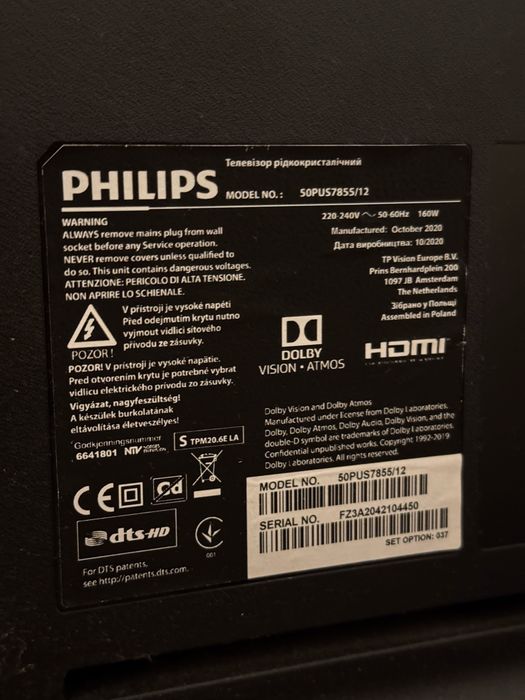 TV Philips 50” 4K UHD – Modelo 50PUS7855/12 (para peças ou reparação)