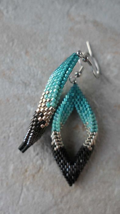 Kolczyki handmade z koralików Miyuki „Liść – turkus&czerń”