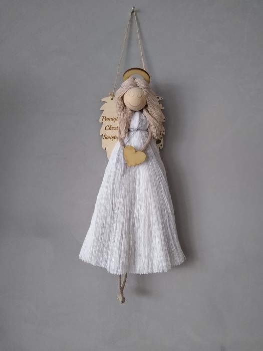 Zawieszka anioł makrama, Anioł komunia,pamiątka chrztu Świętego,