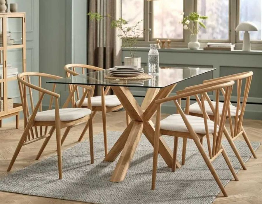 Mesa 6 lugares- vidro com pés madeira