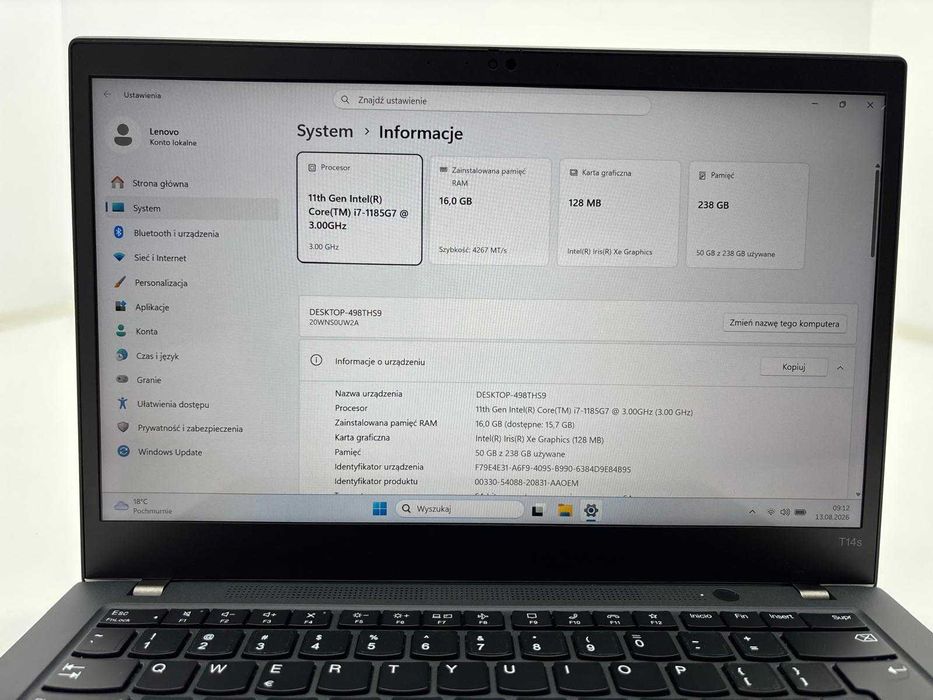 Laptop Lenovo ThikPad T14S i7-1185G7 16GB 240SSD 14'' FHD Touch WIN 11 Pro