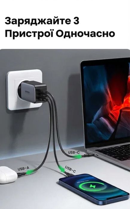 Зарядний пристрій Ugreen GaN 65W, 3 порти USB-C + кабель 100W 1м