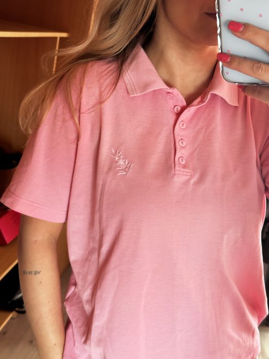 Różowa koszulka polo damska oversize z kwiatkiem | 38 M | stan bardzo dobry