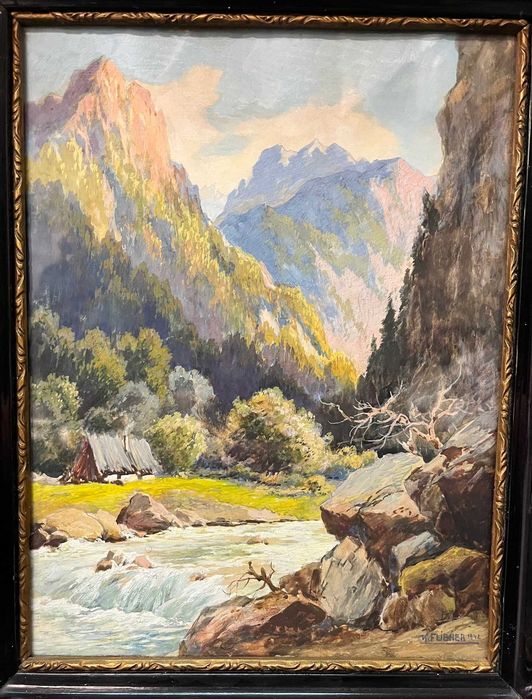 Piękny pejzaż - Alpy 32x26x5cm Karl Flieher 1942r.