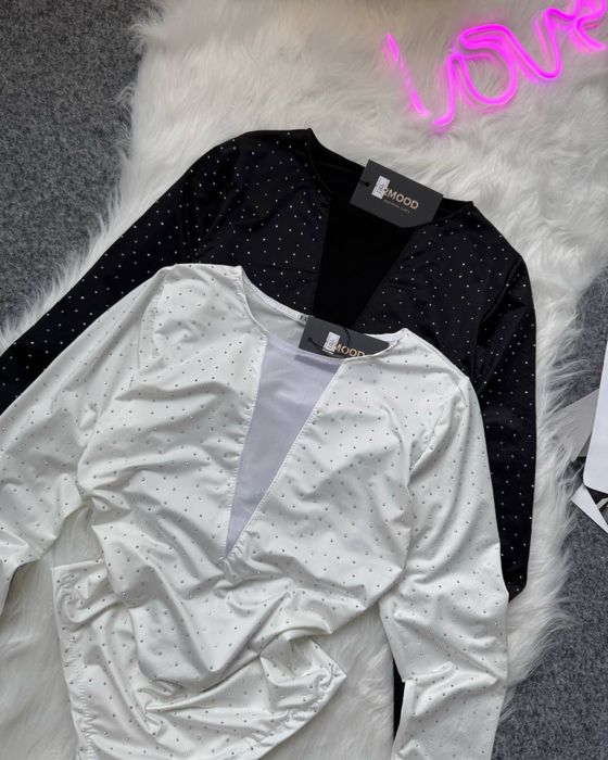 Боді жіноче чорне та біле зі стразами