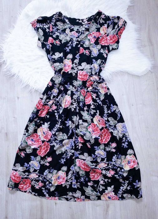 sukienka, rozm. L, midi, vintage, taliowana, kwiaty, cottagecore
