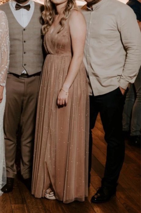 Cudowna sukienka maxi wieczorowa z drobinkami M 38 cappucino