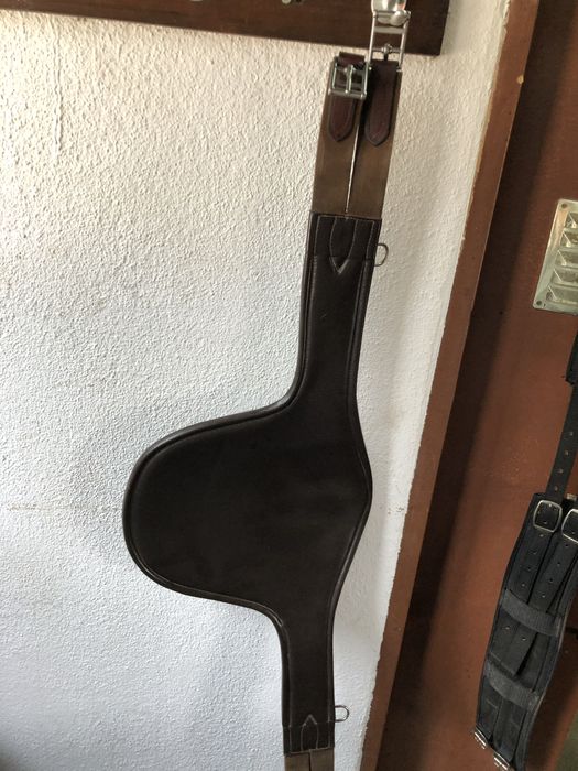 Pelhame de borracha, bridão, estribos, cilha com babete, cilhão