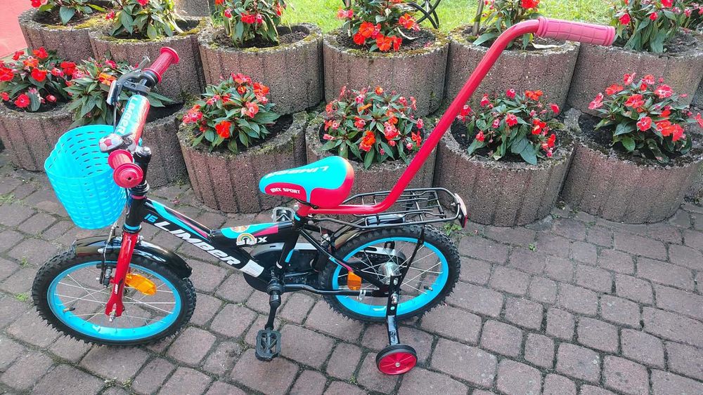 Rower rowerek dla dziecka dla chłopca 16 cali pchacz koszyczek kółka BMX