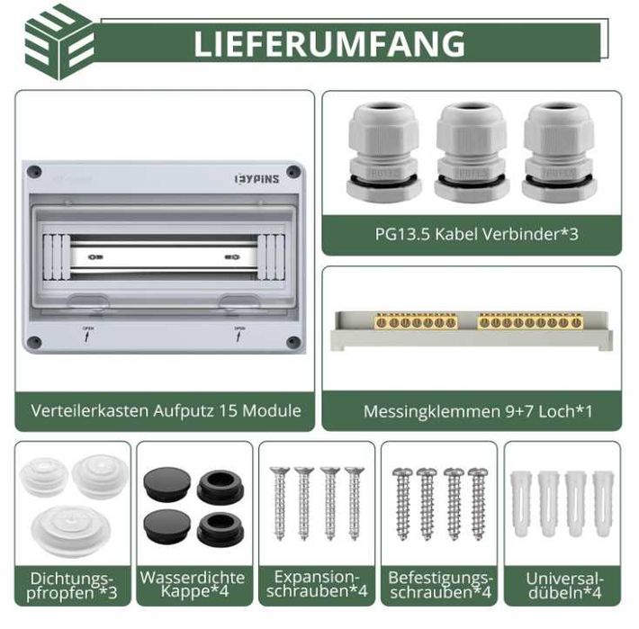 Rozdzielnica natynkowa IP65, na 15 modułów EYPINS + akcesoria