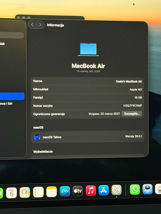 Macbook air M3 16GB RAM 265GB na gwarancji