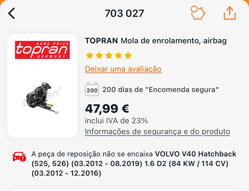Mola de enrolamento airbag volvo v40