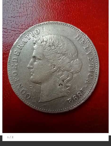 5 Franków Szwajcaria SREBRO 25g Ag.900, 1892r