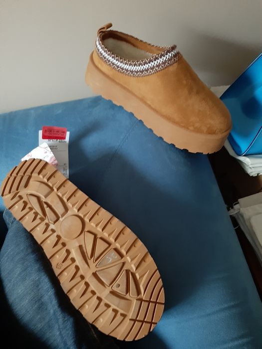 Brązowe 39 krótkie klapki śniegowce bez pięty brązowe tkanina buty tkm