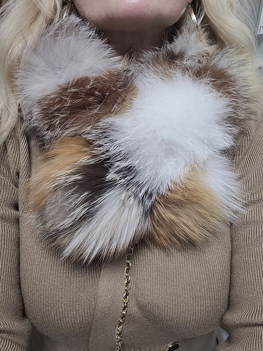 Szalik futro lis naturalny rudy srebrny biały