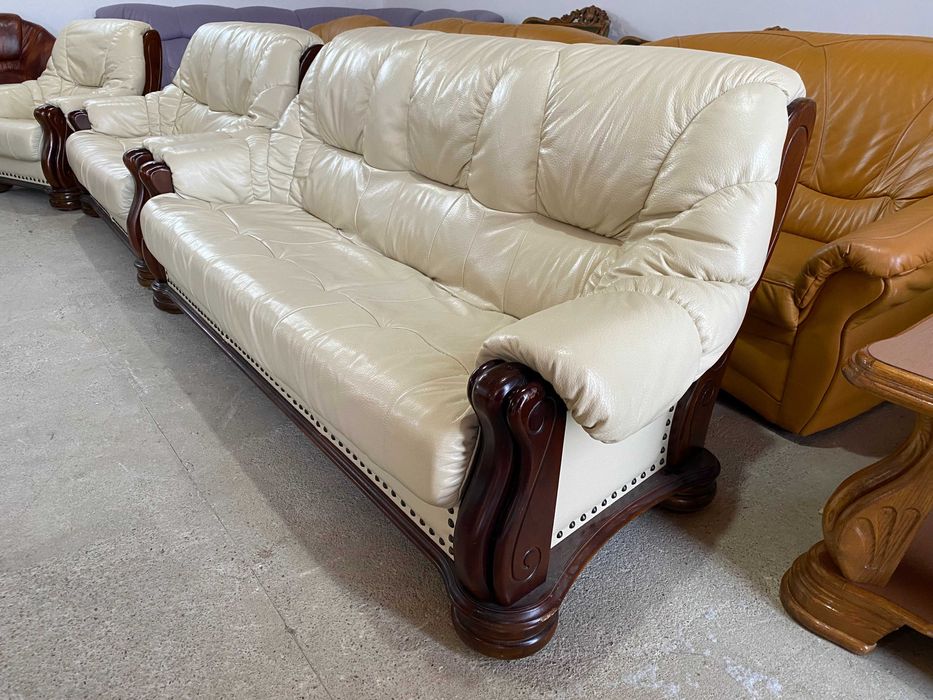 Шкіряний 3-місний диван+2-місний диван+крісло на дубовому каркасі