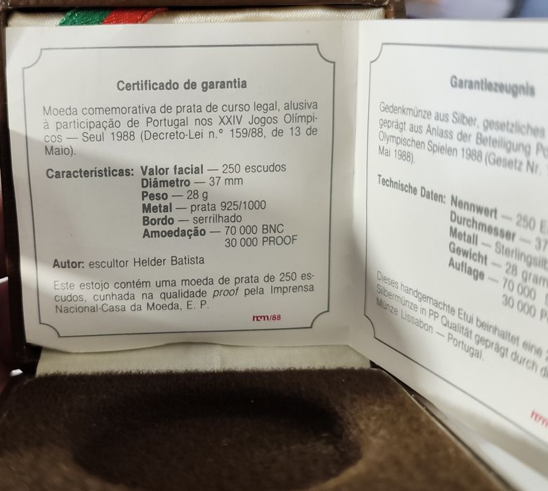 Moeda 250escudos Prata - Jogos olímpicos 1988 com estojo e certificado