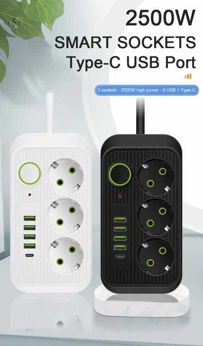 Подовжувач мережевий фільтр 2500 Вт на 3 розетки + 4 USB-порти + Type C