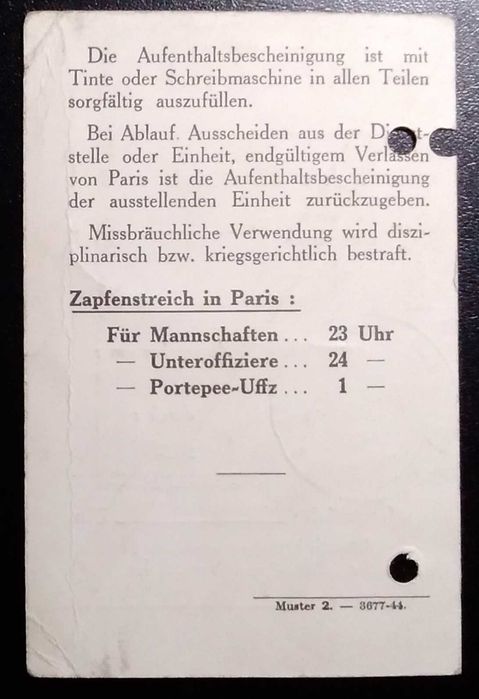 Legitymacja do prawa pobytu w Paryżu z lipca 1944 unikat