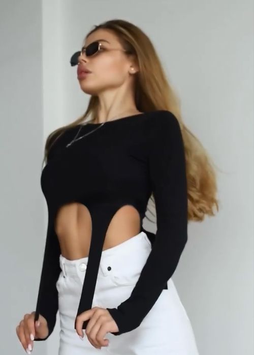 Жіночий чорний лонгслів вкорочений в рубчик, XS-S, бренд Black Sisters