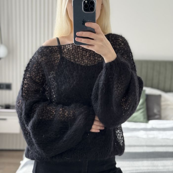 Светр чорний вовняний мохеровий павутинка хмаринка оверсайз ручна робо